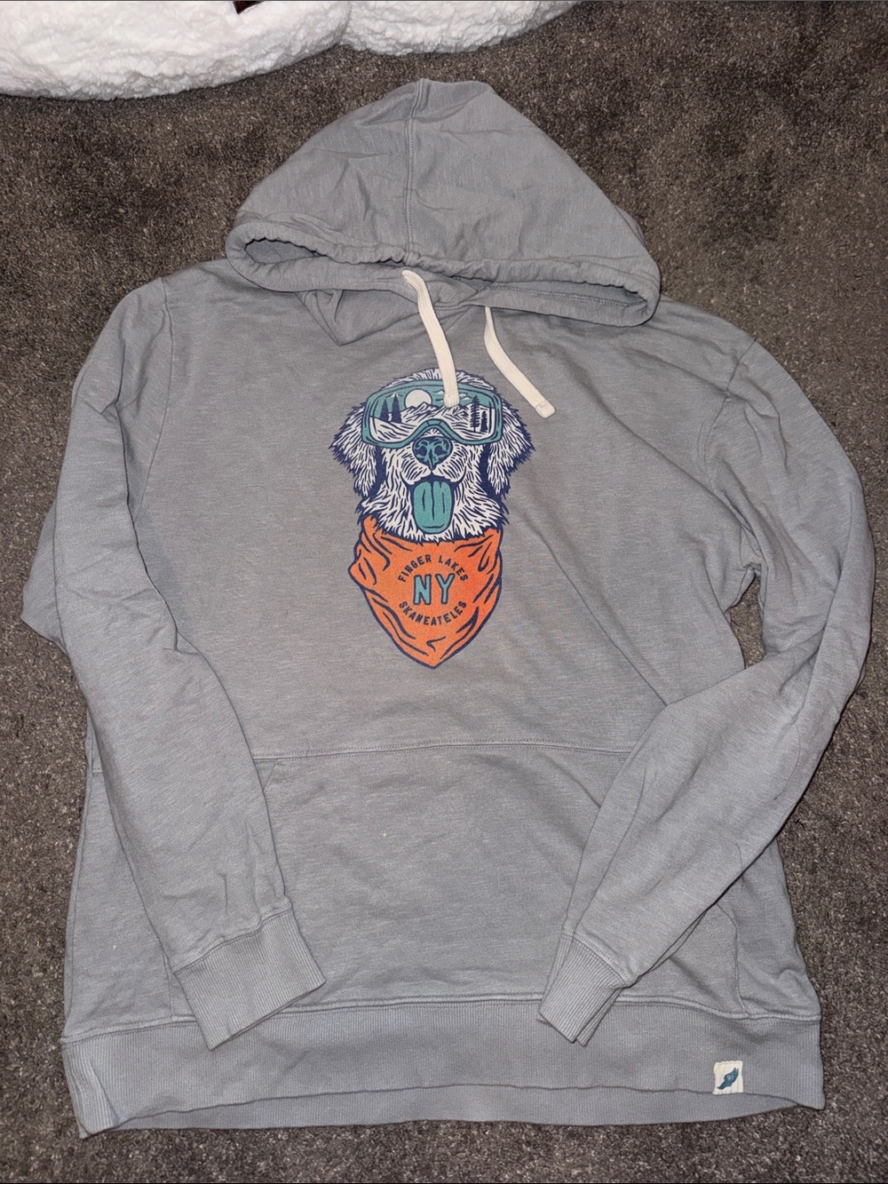 League Gray Pullover Hoodie with Dog Graphic and Orange Bandana